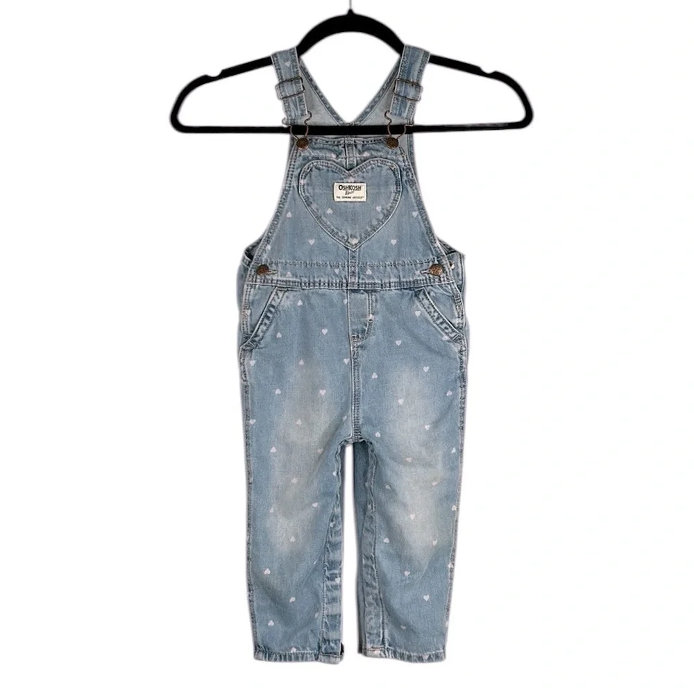 OshKosh B'gosh Girl's Denim Pink Heart Print Overall Jeans Size 24 months